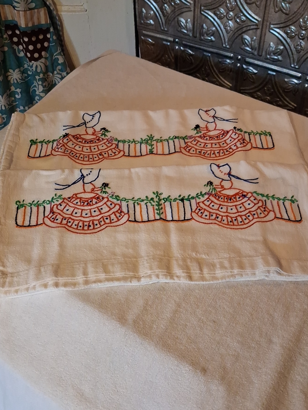 Feed Sack Embroidered Decorative Pillow Case Set 35x19 Inches